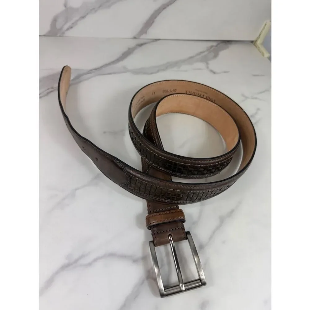 Paul Fredrick Brown Woven Leather Belt Made in Italy Silver Buckle Size 46